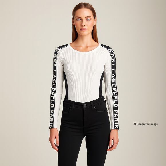 Karl Lagerfeld Paris White Black Colorblock Rib Knit Sporty Sweater XS NWT - Picture 1 of 8